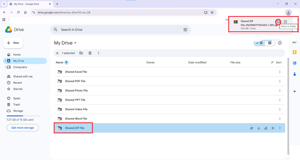Click Show in Folder ZIP File Download the file to your computer