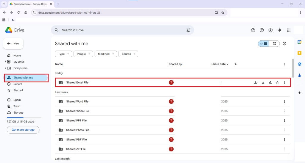 Shared Excel File in Shared With Me Tab Google Drive Folder Lock