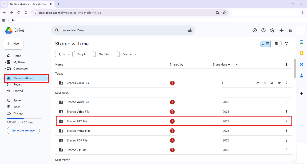 Shared PPT File in Shared With Me Tab Google Drive Folder Lock