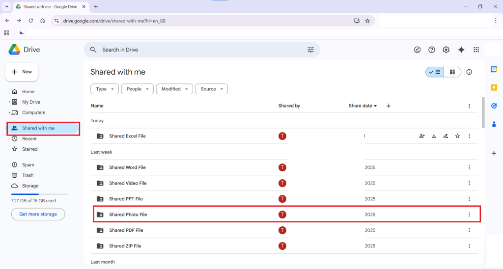 Shared Photo File in Shared With Me Tab Google Drive Folder Lock