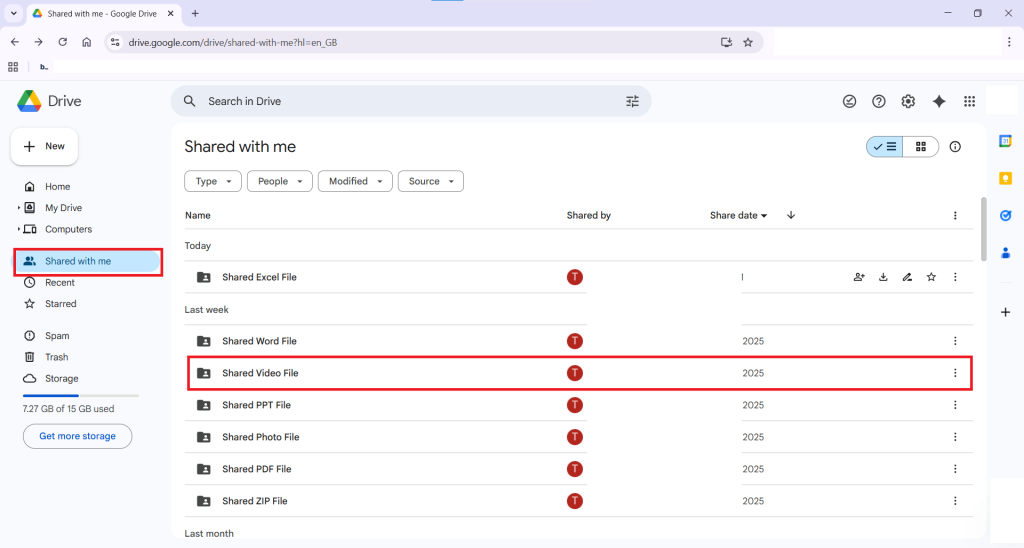 Shared Video File in Shared With Me Tab Google Drive Folder Lock