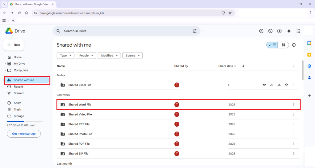 Shared Word File in Shared With Me Tab Google Drive Folder Lock
