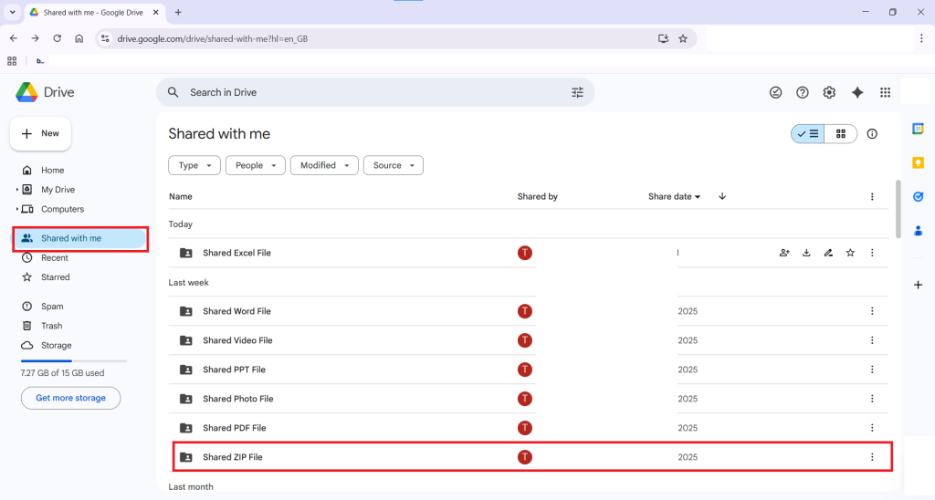 Shared ZIP File in Shared With Me Tab Google Drive Folder Lock